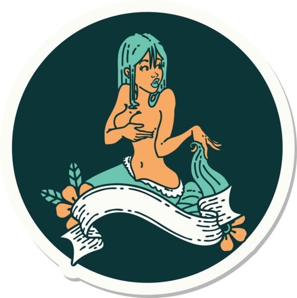 Geleneksel stil dövme çıkartması. Üzerinde insan dövmesi olan bir denizkızı.