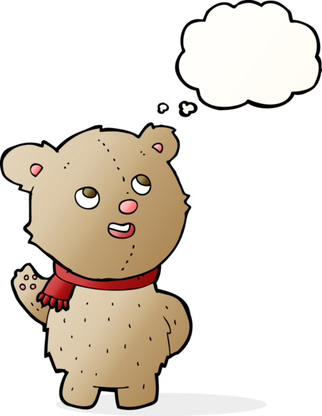 Bir insan tarafından çizilmiş düşünce baloncuklu atkısı olan sevimli oyuncak ayı.