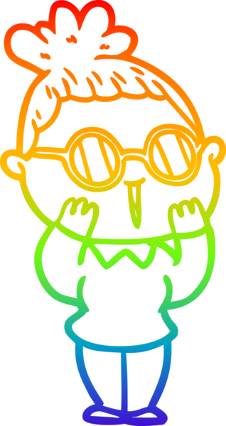 Bir insan tarafından çizilmiş gözlük takan bir karikatür kadının çizimi.