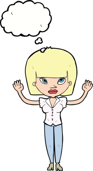 Bir insan tarafından çizilmiş düşünce baloncuğu olan ellerini kaldırmış çizgi film kadını.