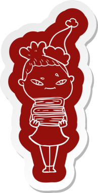 Bir insan tarafından çizilmiş Noel Baba şapkası giyen bir kadının garip çizgi film etiketi.