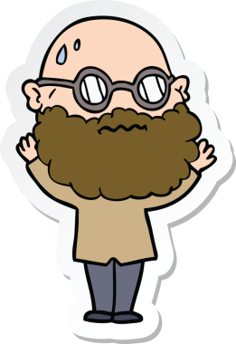 Bir insan tarafından çizilmiş sakallı ve gözlüklü endişeli bir karikatür çıkartması.