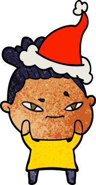 Bir insan tarafından çizilmiş Noel Baba şapkası giyen bir kadının el çizimi karikatürü.