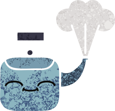 Bir insan tarafından çizilen dumanı tüten bir çaydanlığın retro çizim tarzı karikatürü