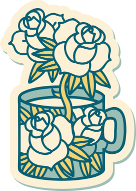 Geleneksel bir kupa stili dövme çıkartması ve bir insan tarafından çizilmiş çiçekler.