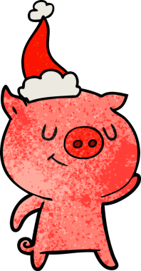 Mutlu el çizimi bir insan tarafından çizilmiş Noel Baba şapkası takan bir domuzun çizgi filmi.