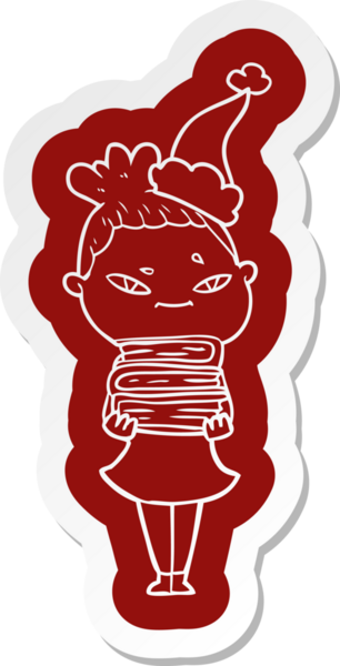 Bir insan tarafından çizilmiş Noel Baba şapkası giyen bir kadının garip çizgi film etiketi.