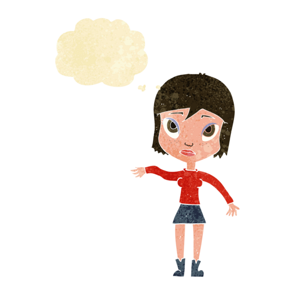 Bir insan tarafından çizilmiş düşünce baloncuğuyla el sallayan çizgi film kadını.