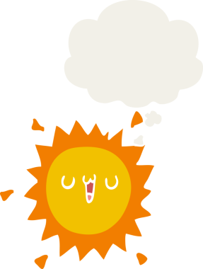 Düşünce baloncuklu karikatür güneşi bir insan tarafından çizilmiş.