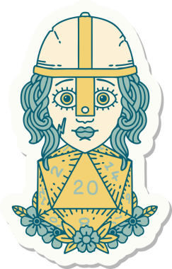 İnsan dövüşçüsünün çıkartması. Bir insan tarafından çizilmiş 20 D20 zarlı.