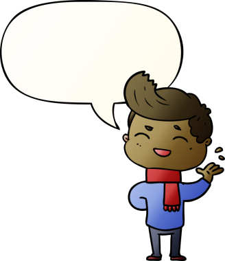 Çizgi filmci, bir insan tarafından çizilmiş yumuşak bir dille konuşma baloncuğuyla gülüyor.