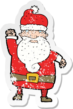 Bir insan tarafından çizilmiş kızgın Noel Baba çizgi filminin gerilimli retro çıkartması.