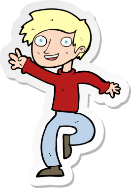 Çizgi film çıkartması. Bir insan tarafından çizilmiş heyecanlı çocuk.