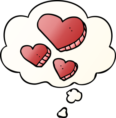 insan tarafindan çizilmis, dusunce baloncugu olan karikatür ask kalpleri.