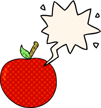 bir insan tarafından çizilmiş çizgi roman tarzında konuşma baloncuklu çizgi film elması.