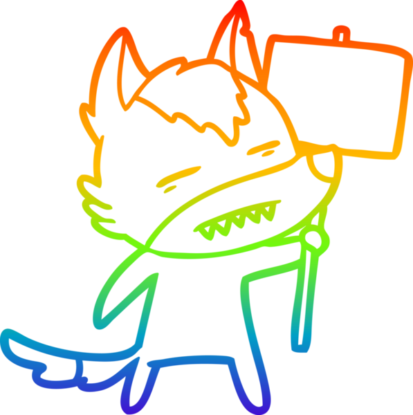 Gökkuşağı gradyan çizgi çizimi bir insan tarafından çizilmiş dişleri gösteren işaret levhası olan bir kurt çizgi.