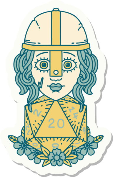 İnsan dövüşçüsünün çıkartması. Bir insan tarafından çizilmiş 20 D20 zarlı.