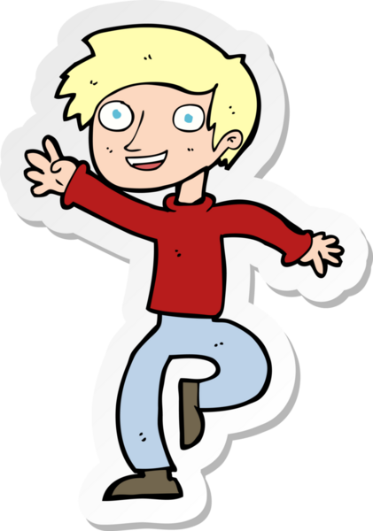 Çizgi film çıkartması. Bir insan tarafından çizilmiş heyecanlı çocuk.