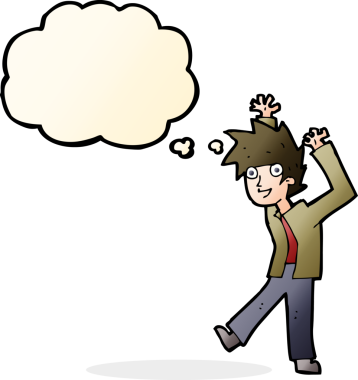 Bir insan tarafından çizilmiş düşünce baloncuğu olan heyecanlı çocuk.