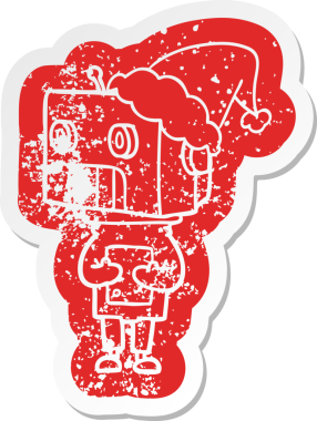 Bir insan tarafından çizilmiş Noel Baba şapkası takan bir robotun sıkıntılı karikatürü.