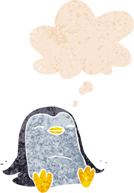 Düşünce baloncuğu olan karikatür pengueni bir insan tarafından çizilmiş dertli retro desenli.