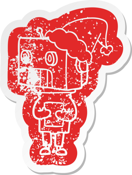 Bir insan tarafından çizilmiş Noel Baba şapkası takan bir robotun sıkıntılı karikatürü.