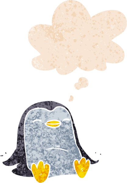 Düşünce baloncuğu olan karikatür pengueni bir insan tarafından çizilmiş dertli retro desenli.
