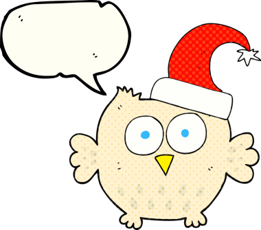 Bir insan tarafından çizilmiş noel şapkası takan küçük baykuş.