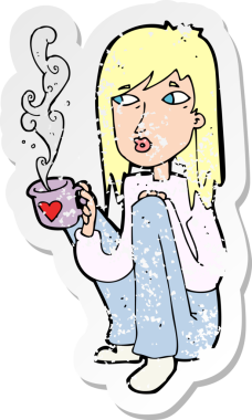 Bir insan tarafından çizilmiş bir fincan kahveyle karikatürist bir kadının gerilimli çıkartması.