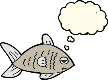 Bir insan tarafından çizilmiş düşünce baloncuklu komik balıklar.