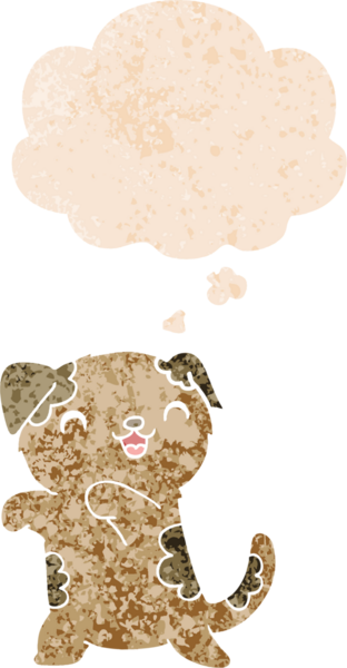 Düşünce baloncuğu ve grunge ile sevimli çizgi film köpek yavrusu bir insan tarafından çizilmiş sıkıntılı retro dokuma tarzı