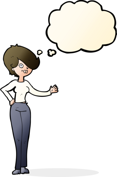 Bir insan tarafından çizilmiş düşünce baloncuğuyla el sallayan çizgi film kadını.