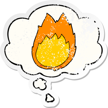 Düşünce baloncuklu çizgi film alevleri insan tarafından çizilmiş yıpranmış bir çıkartma gibidir.