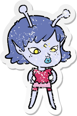 Bir insan tarafından çizilmiş güzel uzaylı bir kızın sıkıntılı çıkartması.