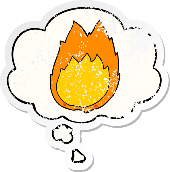 Düşünce baloncuklu çizgi film alevleri insan tarafından çizilmiş yıpranmış bir çıkartma gibidir.