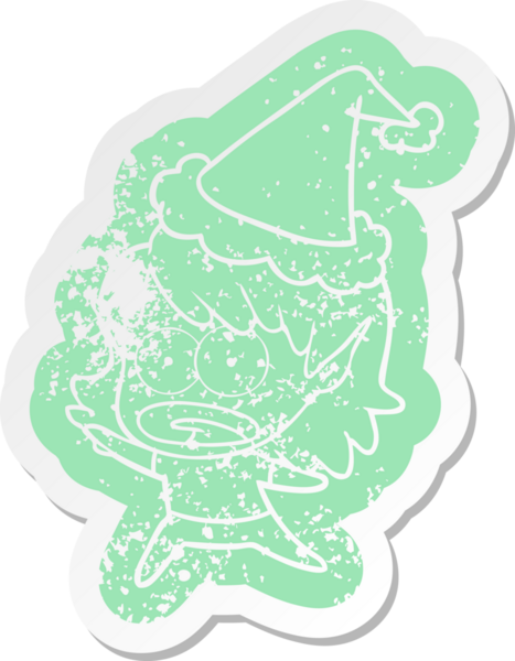 Şok olmuş bir elf kızının insan tarafından çizilmiş Noel Baba şapkası giymesi garip bir karikatür.