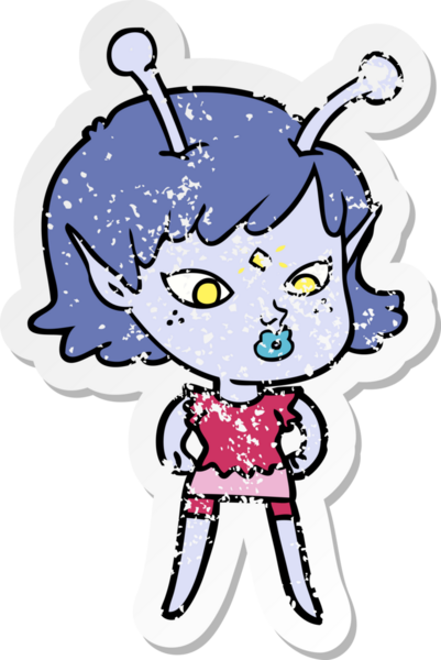 Bir insan tarafından çizilmiş güzel uzaylı bir kızın sıkıntılı çıkartması.