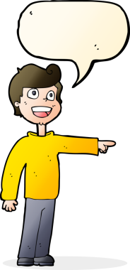 Çizgi filmci bir insan tarafından çizilmiş konuşma balonuyla gülüyor ve işaret ediyor.