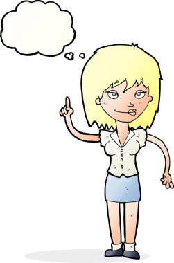 Bir insan tarafından çizilmiş düşünce baloncuğu fikri olan karikatür kadın.