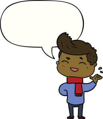 Bir insan tarafından çizilmiş konuşma balonuyla gülen çizgi film adamı.