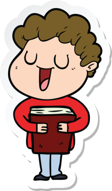 Bir insan tarafından çizilmiş kitabı olan, gülen bir karikatürcünün çıkartması.