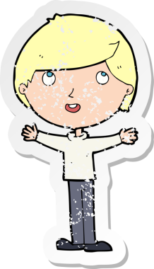 Bir insan tarafından çizilen mutlu çocuk çizgi filminin kederli retro yapıştırması.