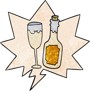 Bir insan tarafından çizilmiş eski moda konuşma baloncuklu şampanya şişesi ve cam karikatür.