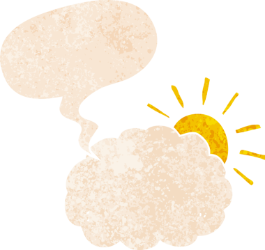 çizgi film güneşi ve bulut sembolü grunge 'deki konuşma baloncuğu sıkıntılı retro desenli bir insan tarafından çizilmiş