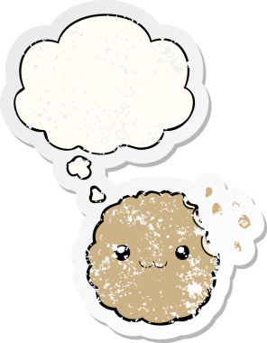Düşünce baloncuklu çizgi film bisküvisi insan tarafından çizilmiş yıpranmış bir çıkartma.