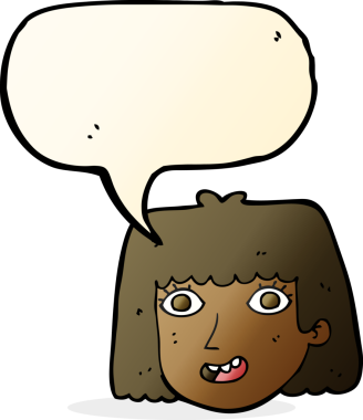 Bir insan tarafından çizilmiş konuşma balonlu mutlu kadın yüzü.