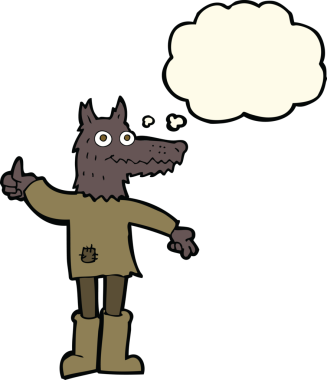 Bir insan tarafından çizilmiş düşünce balonlu bir kurt adam.