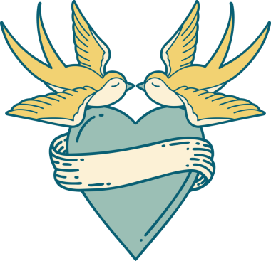 Kırlangıçların ikonik dövme şekli ve bir insan tarafından çizilmiş bir kalp.