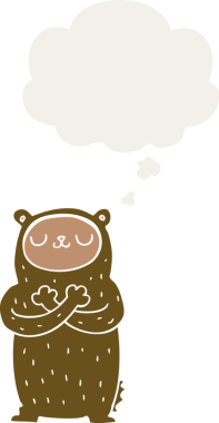 Düşünce baloncuğu olan çizgi film ayısı insan tarafından çizilmiş.