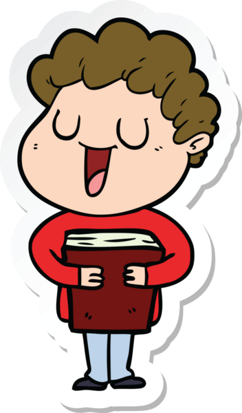 Bir insan tarafından çizilmiş kitabı olan, gülen bir karikatürcünün çıkartması.